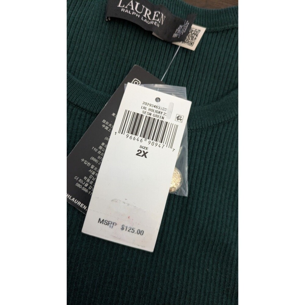 Lauren Ralph Lauren Puff Sleeve Sweater 2X Green Holiday Gold Buttons Preppy NWT - Picture 7 of 11
